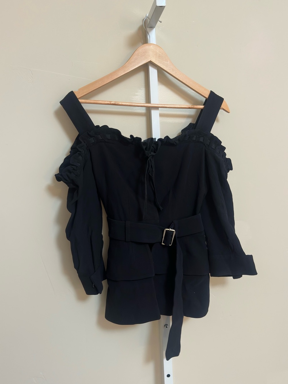 Alexander McQueen Size 38 Black Off Shoulder Ruffle Belted Peplum Jacket Italy